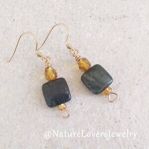 Dark Green Jasper + Topaz Colored Glass Earrings - shorter dangle earrings.